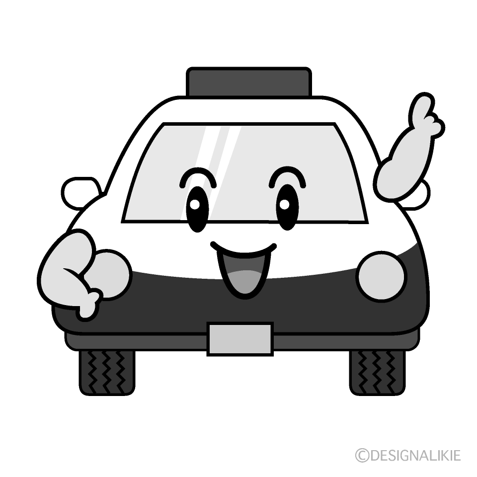 かわいい指差しパトカー白黒イラスト