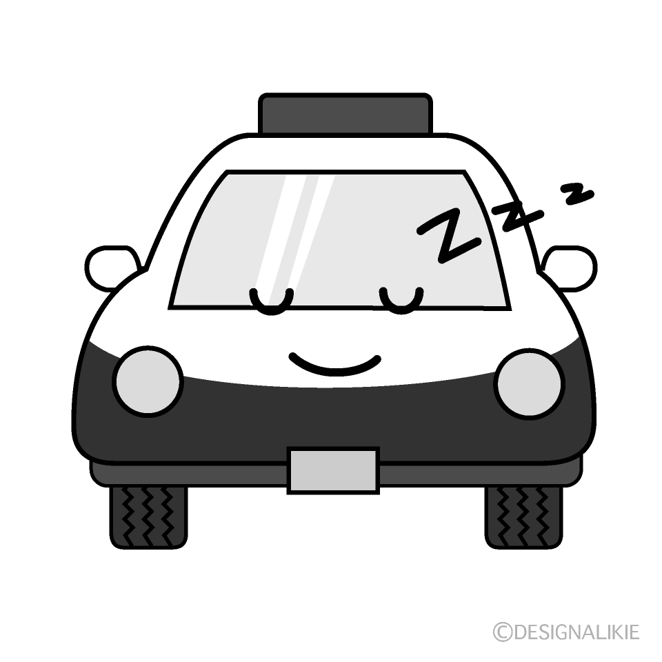 かわいい寝るパトカー白黒イラスト