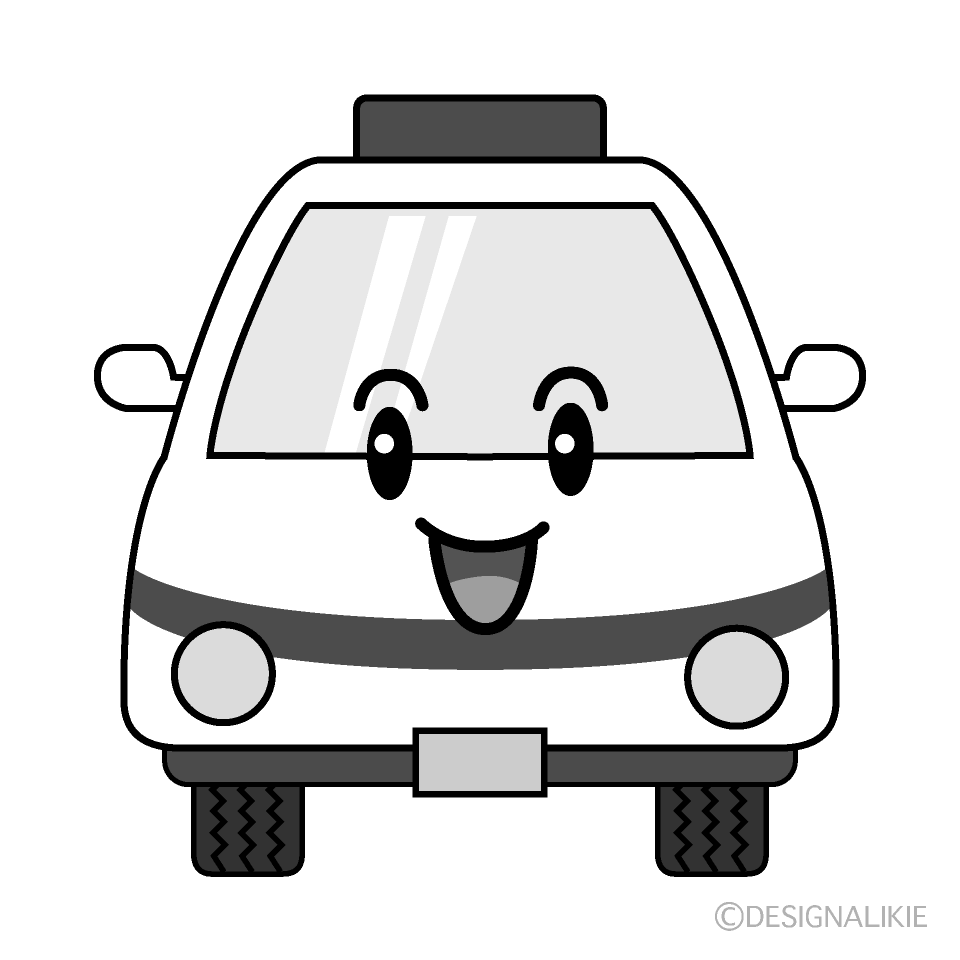 かわいい笑顔の救急車白黒イラスト