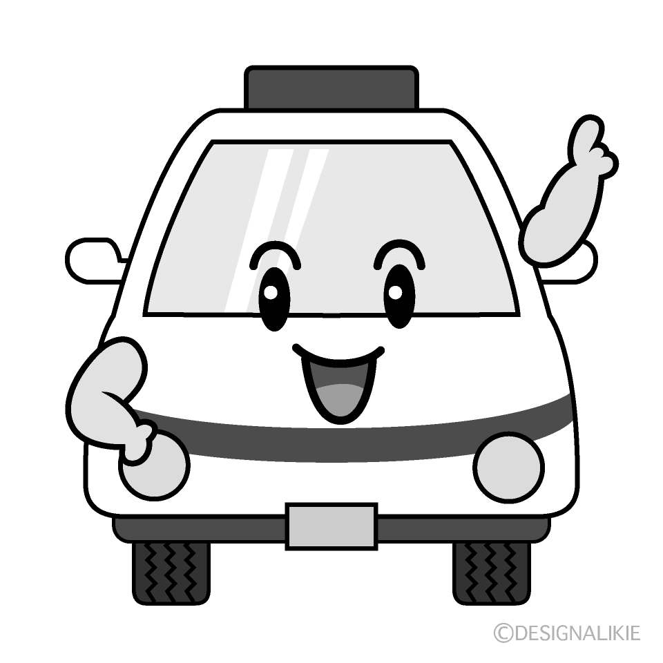 かわいい指差し救急車白黒イラスト