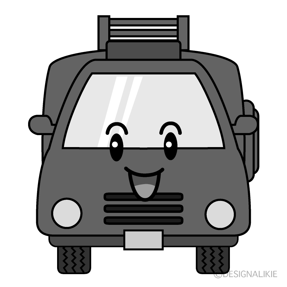 かわいい笑顔の消防車白黒イラスト