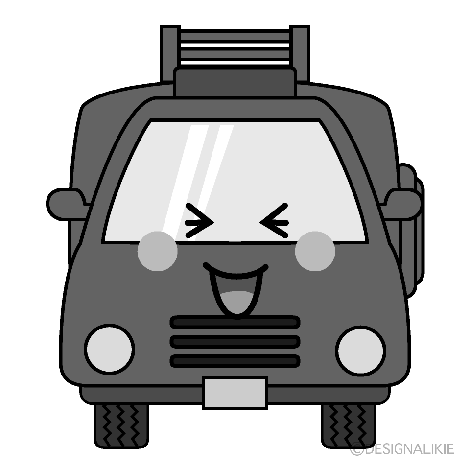 かわいい笑う消防車白黒イラスト