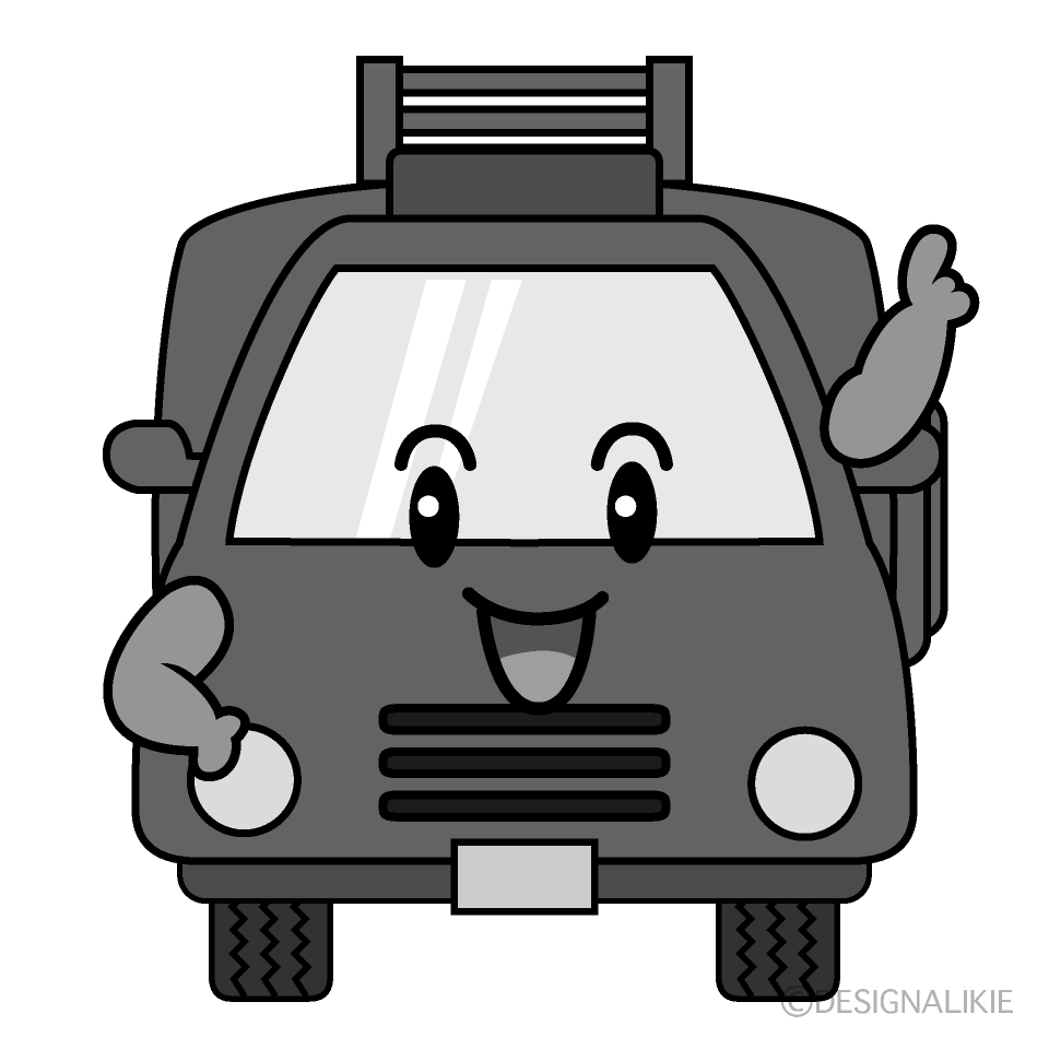 かわいい指差し消防車白黒イラスト