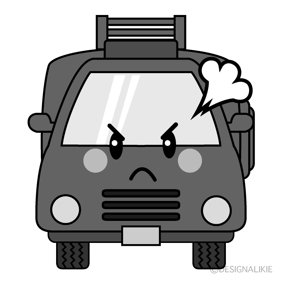 かわいい怒る消防車白黒イラスト