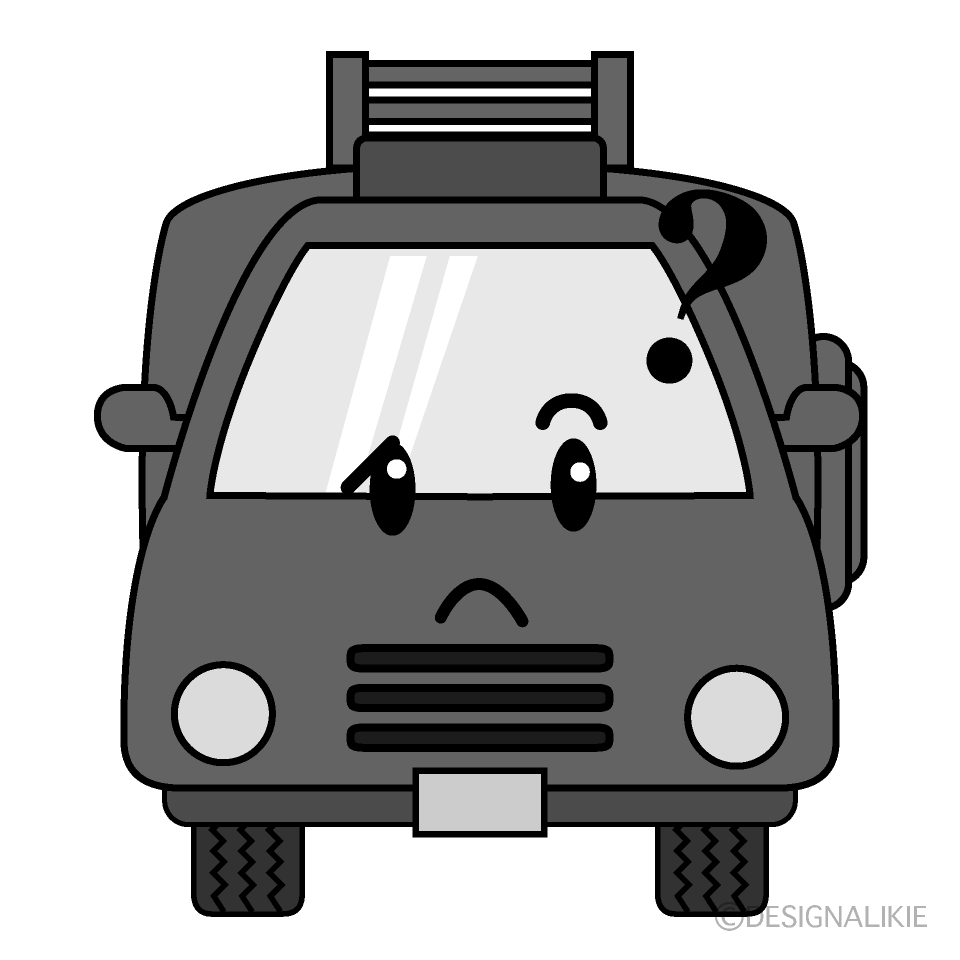 かわいい考える消防車白黒イラスト