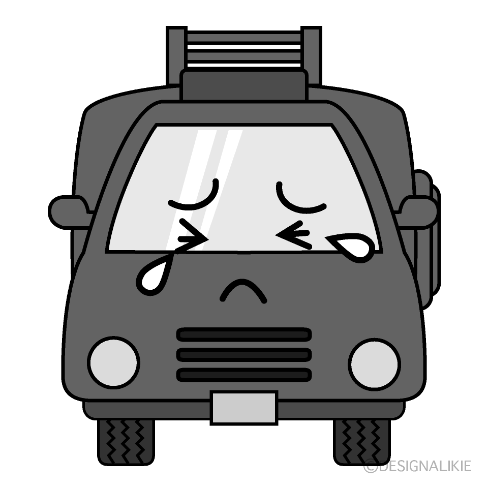 かわいい泣く消防車白黒イラスト