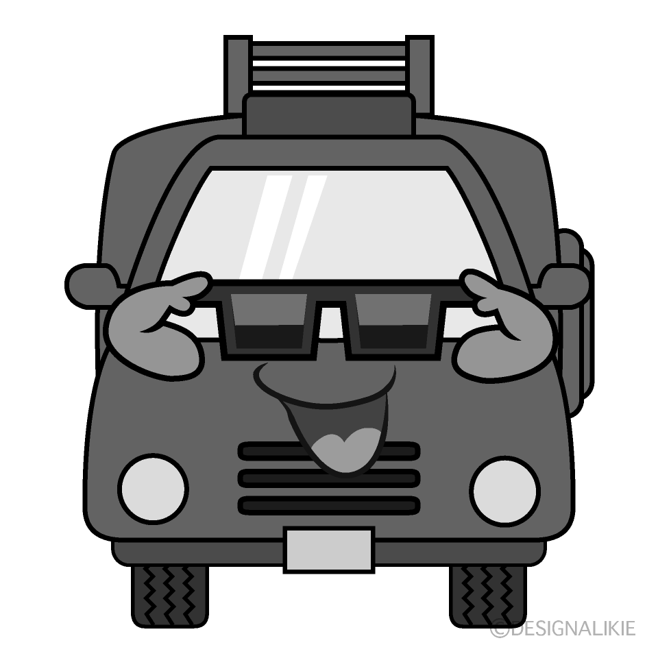 かわいいサングラスの消防車白黒イラスト