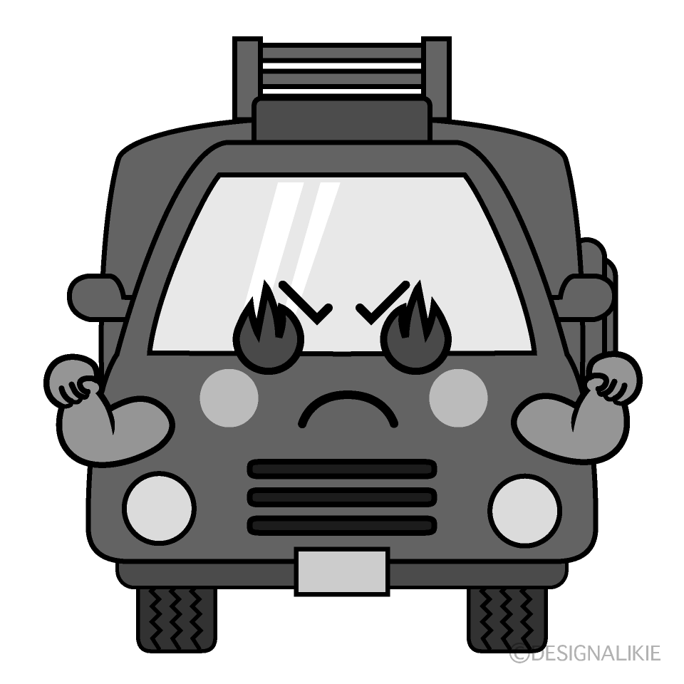 かわいい熱意のある消防車白黒イラスト