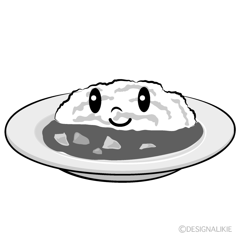 かわいいカレーライス白黒イラスト