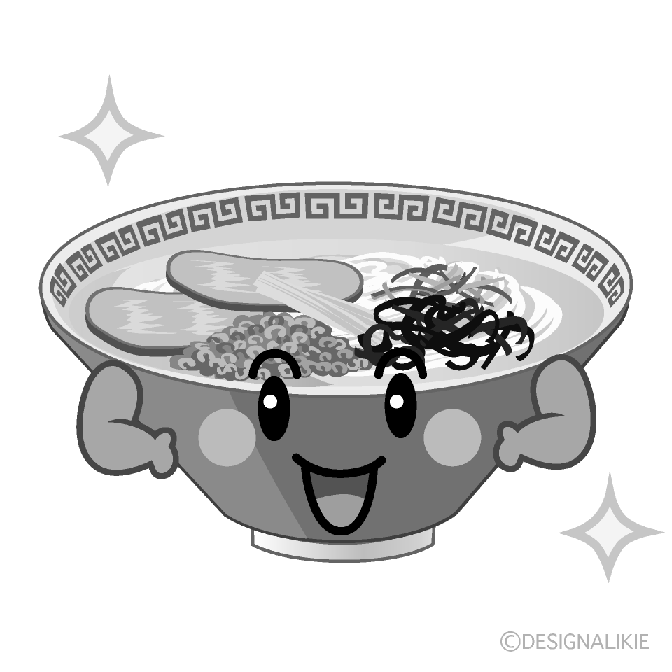 かわいい煌くラーメン白黒イラスト