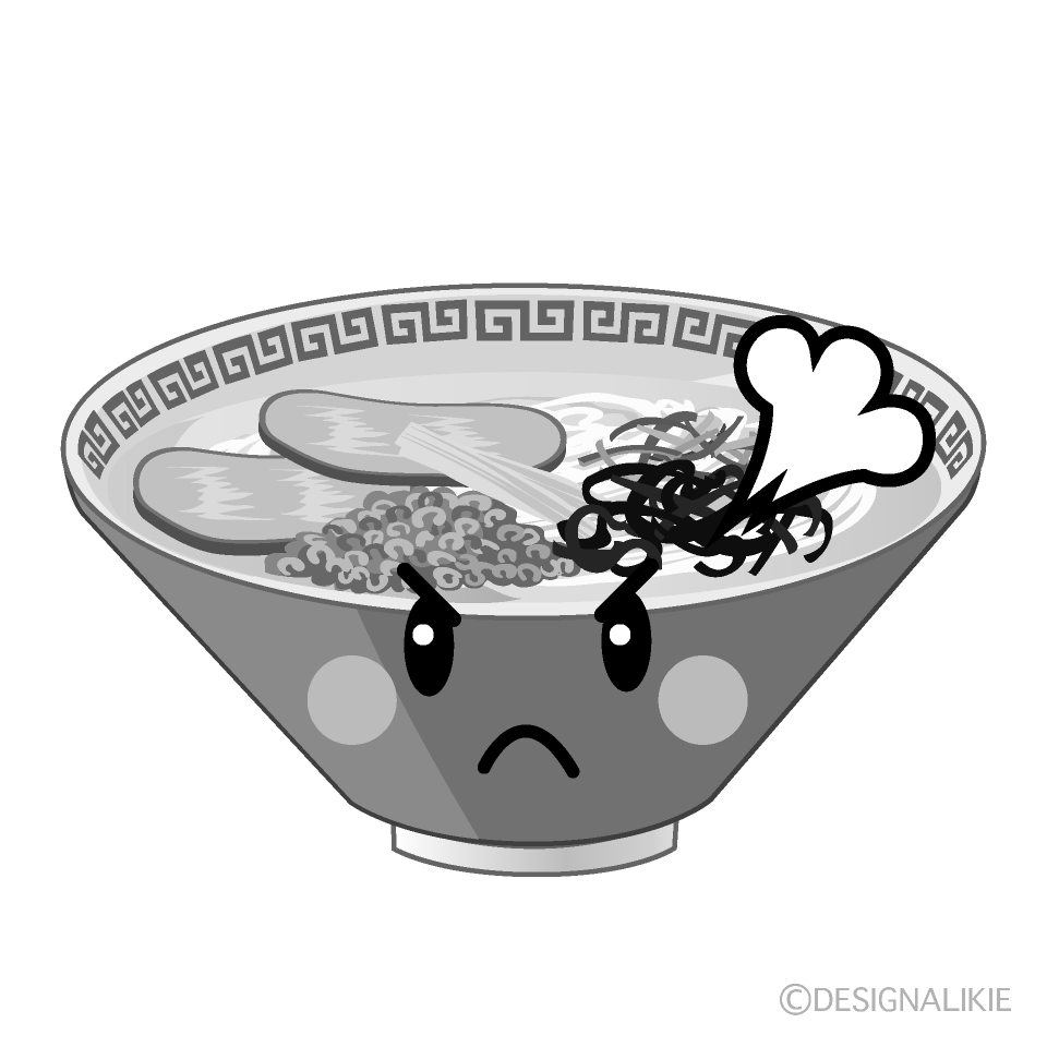 かわいい怒るラーメン白黒イラスト