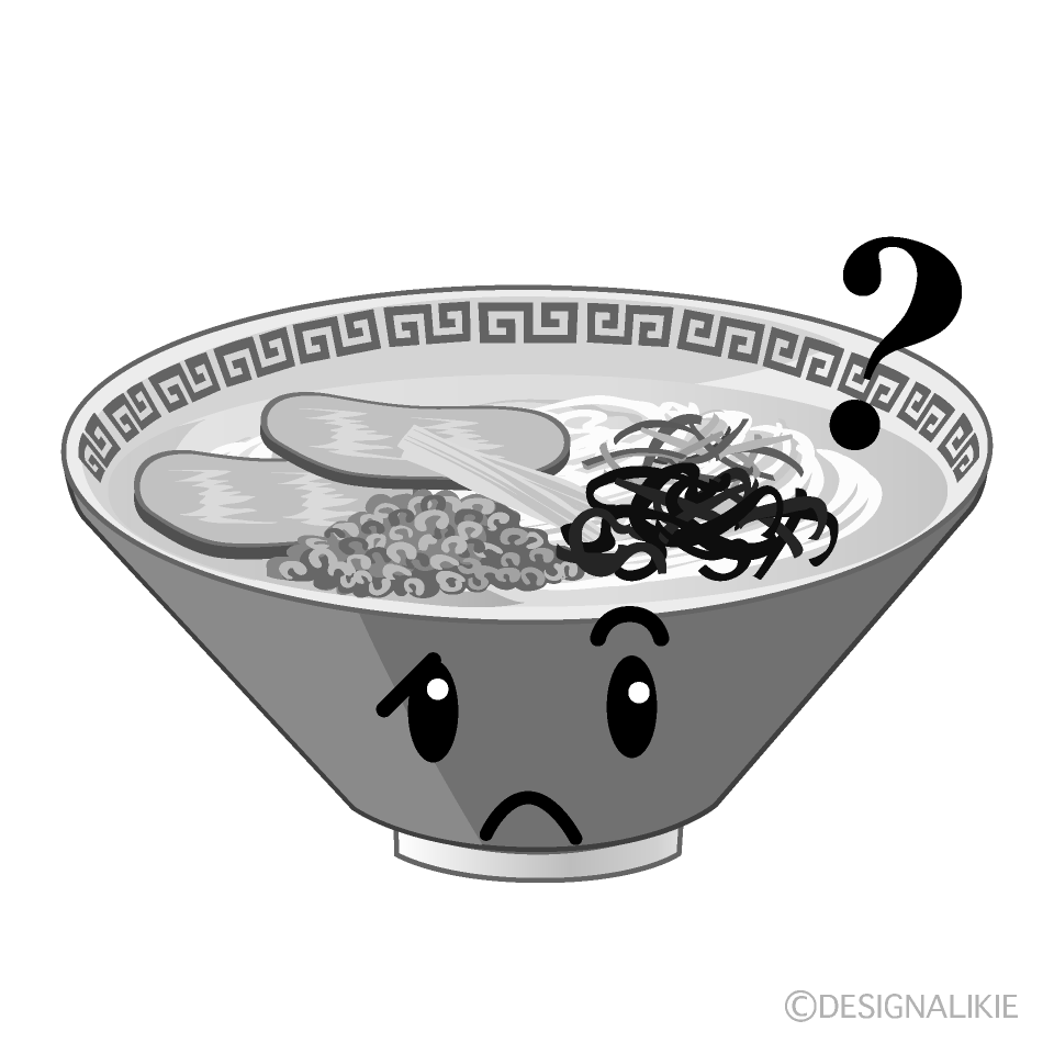 かわいい考えるラーメン白黒イラスト