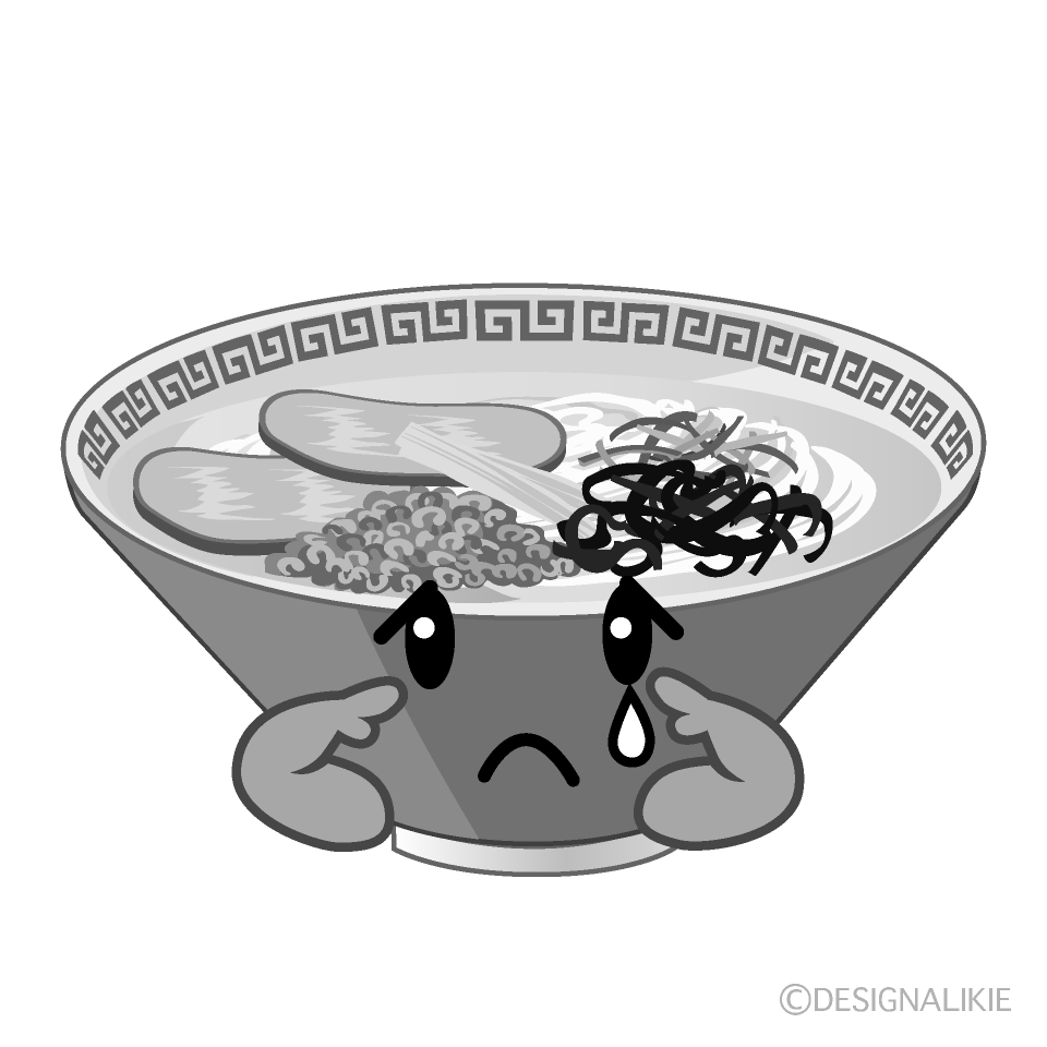 かわいい悲しいラーメン白黒イラスト