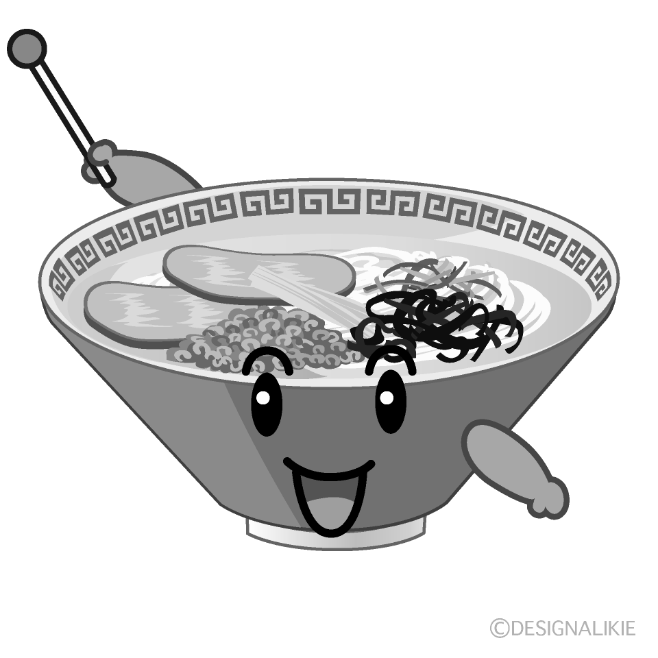 かわいい話すラーメン白黒イラスト