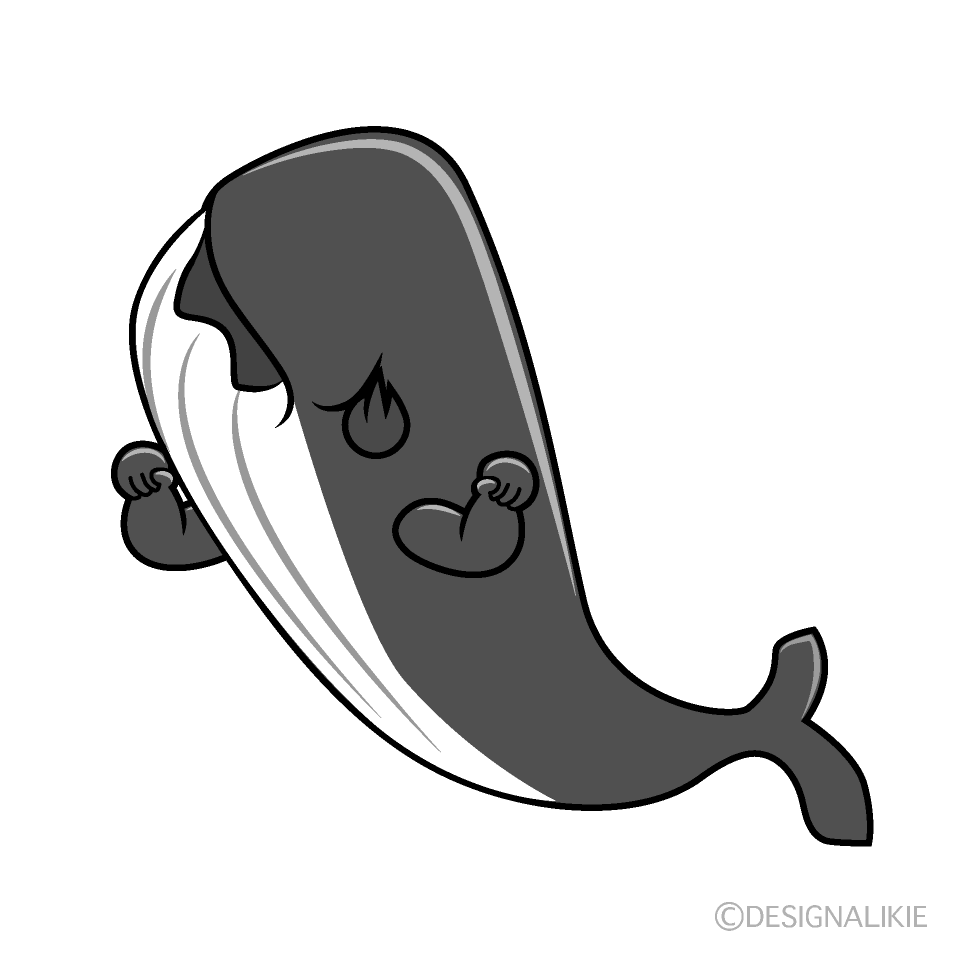 かわいい燃えるクジラ白黒イラスト