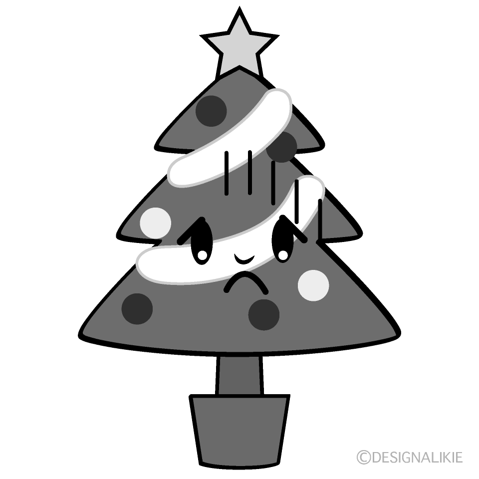 かわいい落ち込むクリスマスツリー白黒イラスト