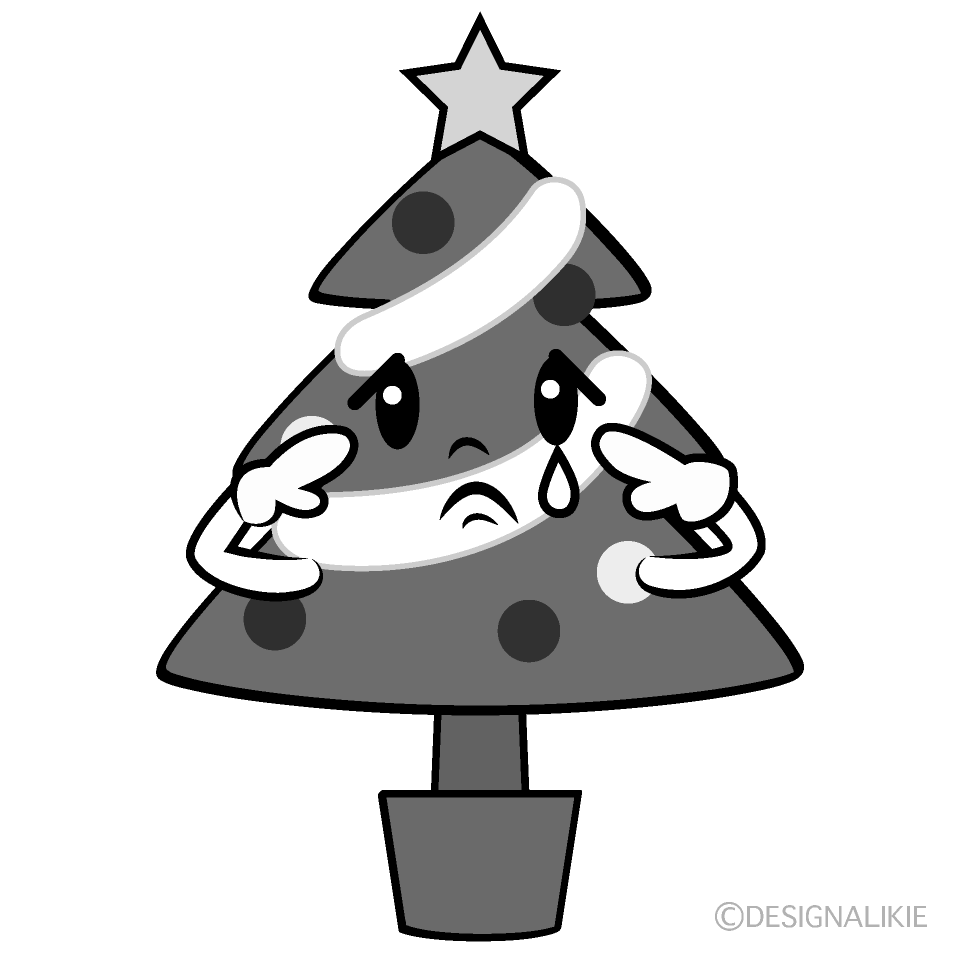 かわいい悲しいクリスマスツリー白黒イラスト