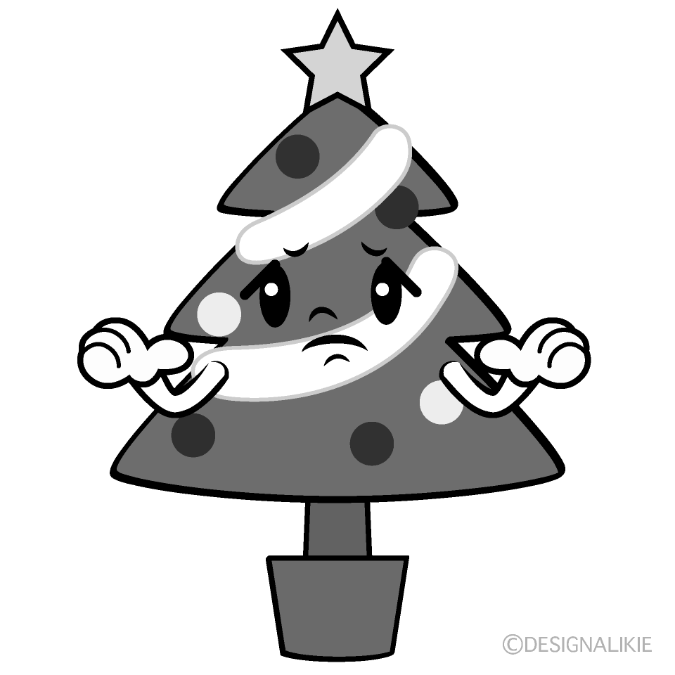 かわいい困るクリスマスツリー白黒イラスト