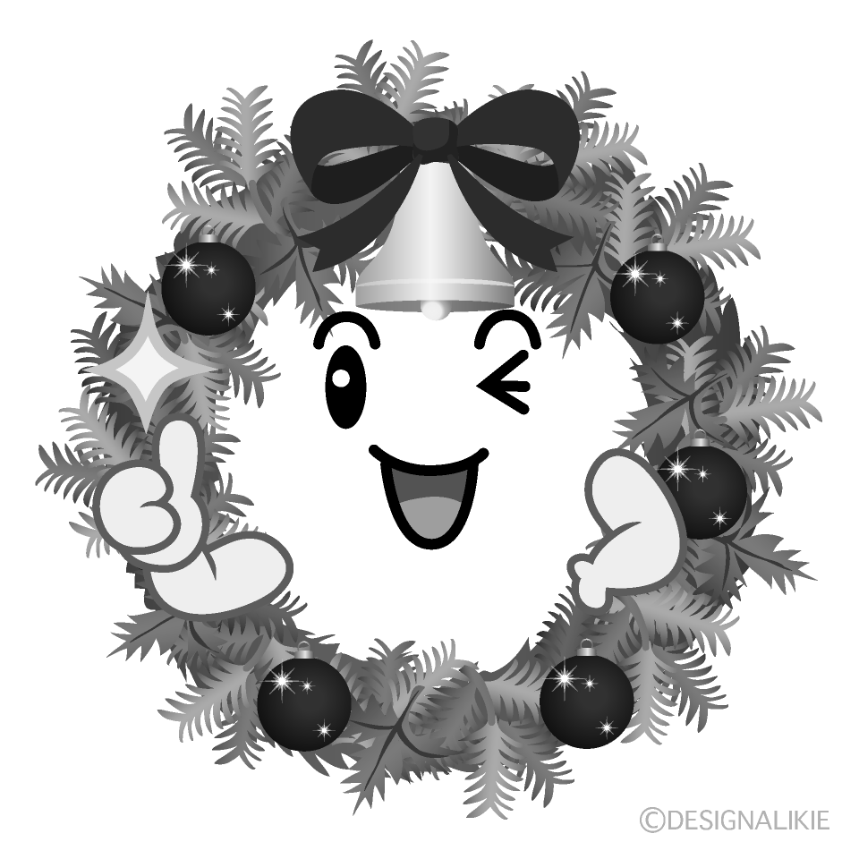 かわいいいいね！のクリスマスリース白黒イラスト