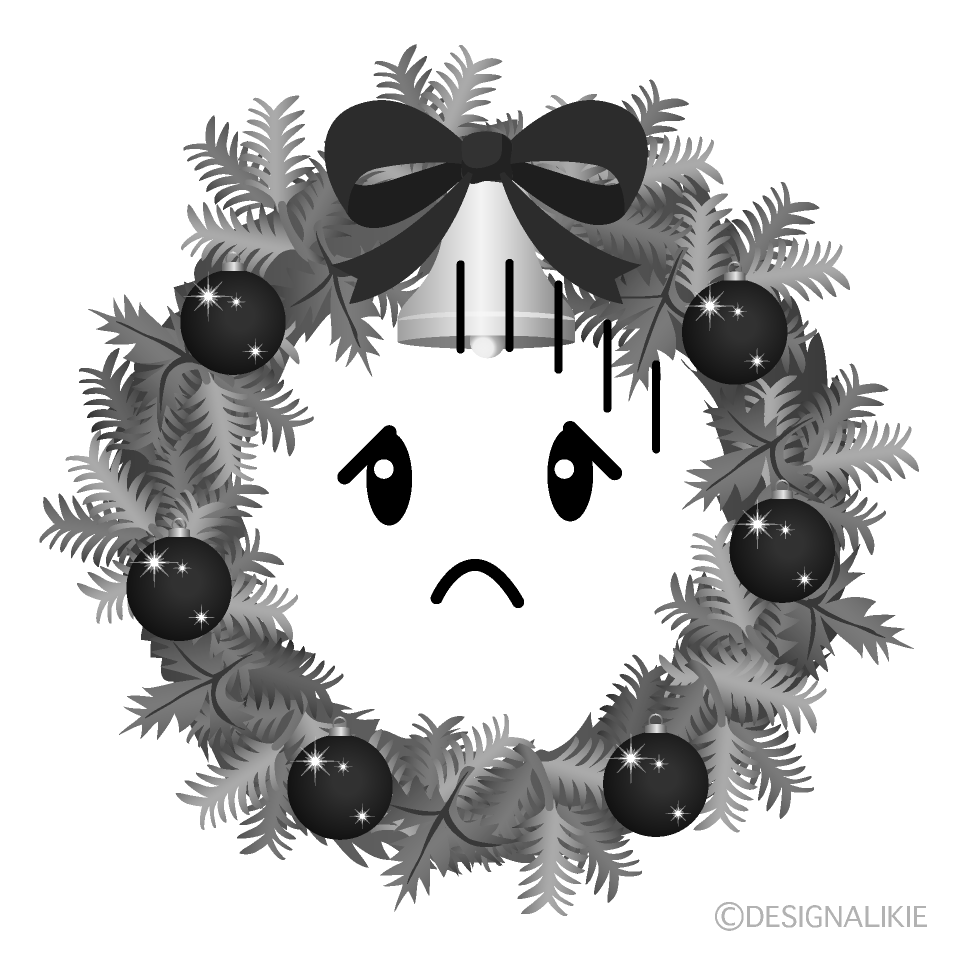 かわいい落ち込むクリスマスリース白黒イラスト