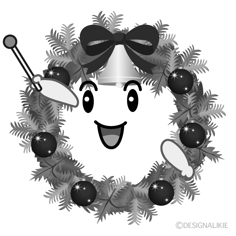 かわいい話すクリスマスリース白黒イラスト