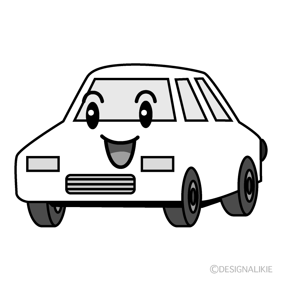 かわいい笑顔の白い車白黒イラスト