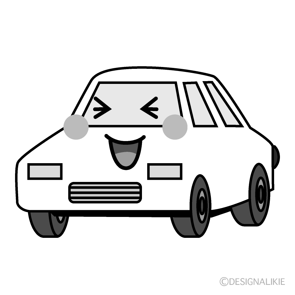 かわいい笑う白い車白黒イラスト