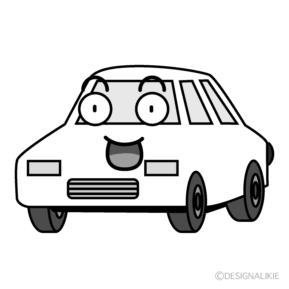 かわいい驚く白い車白黒イラスト