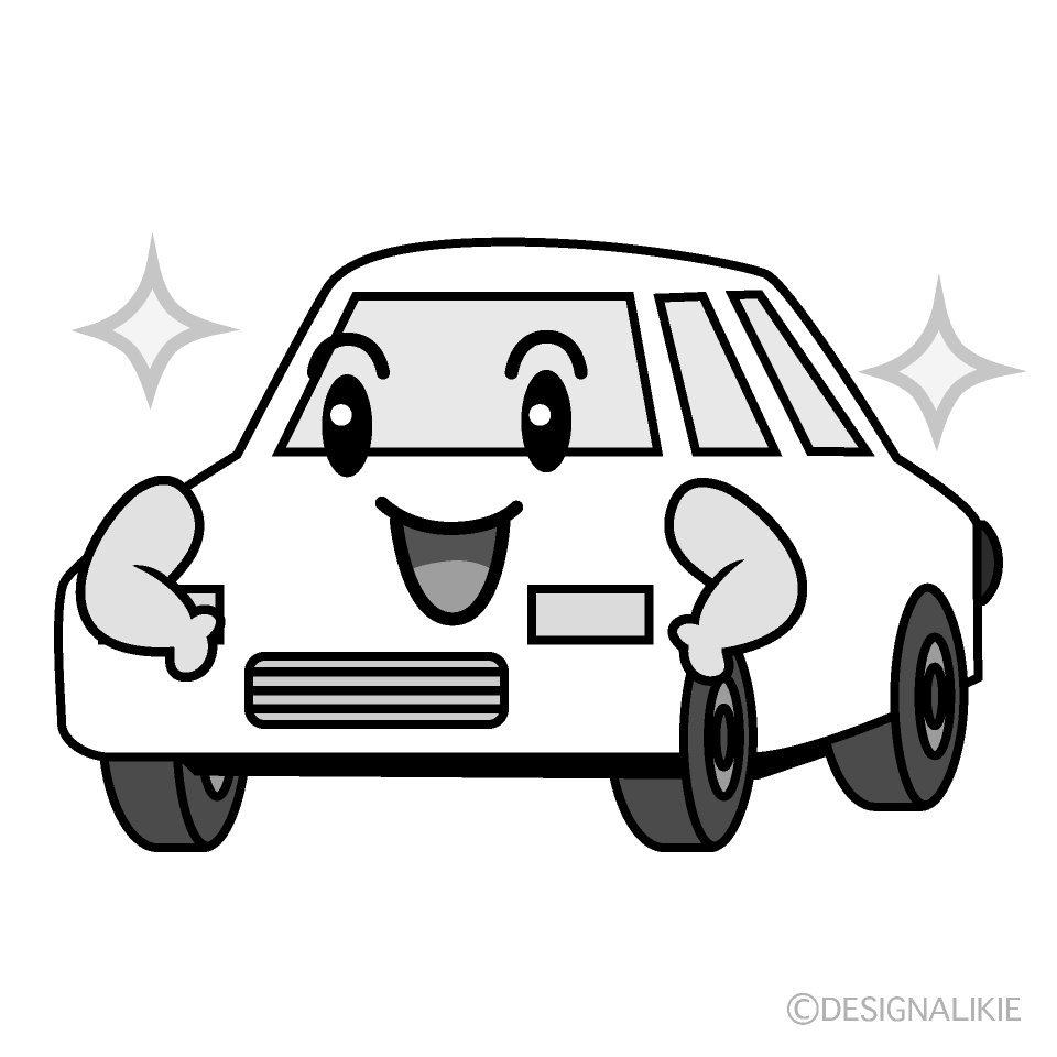 かわいい煌く白い車白黒イラスト