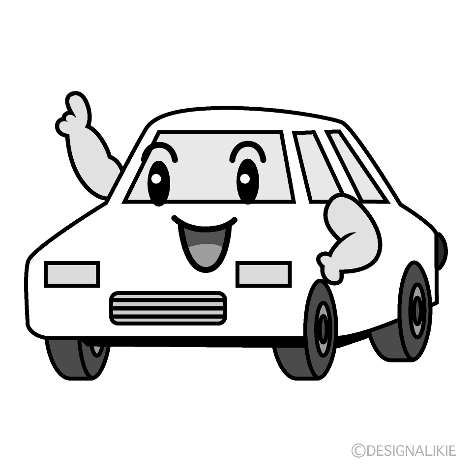 かわいい指差す白い車白黒イラスト