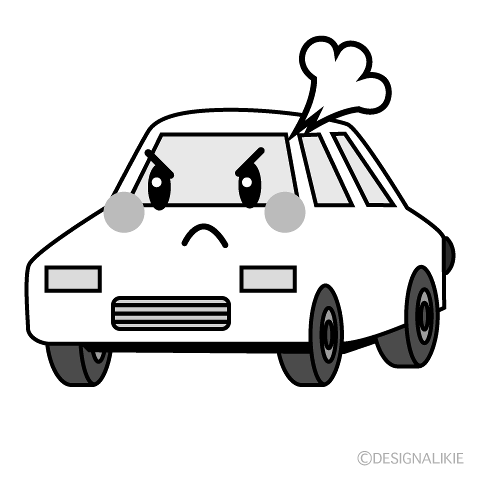 かわいい怒る白い車白黒イラスト