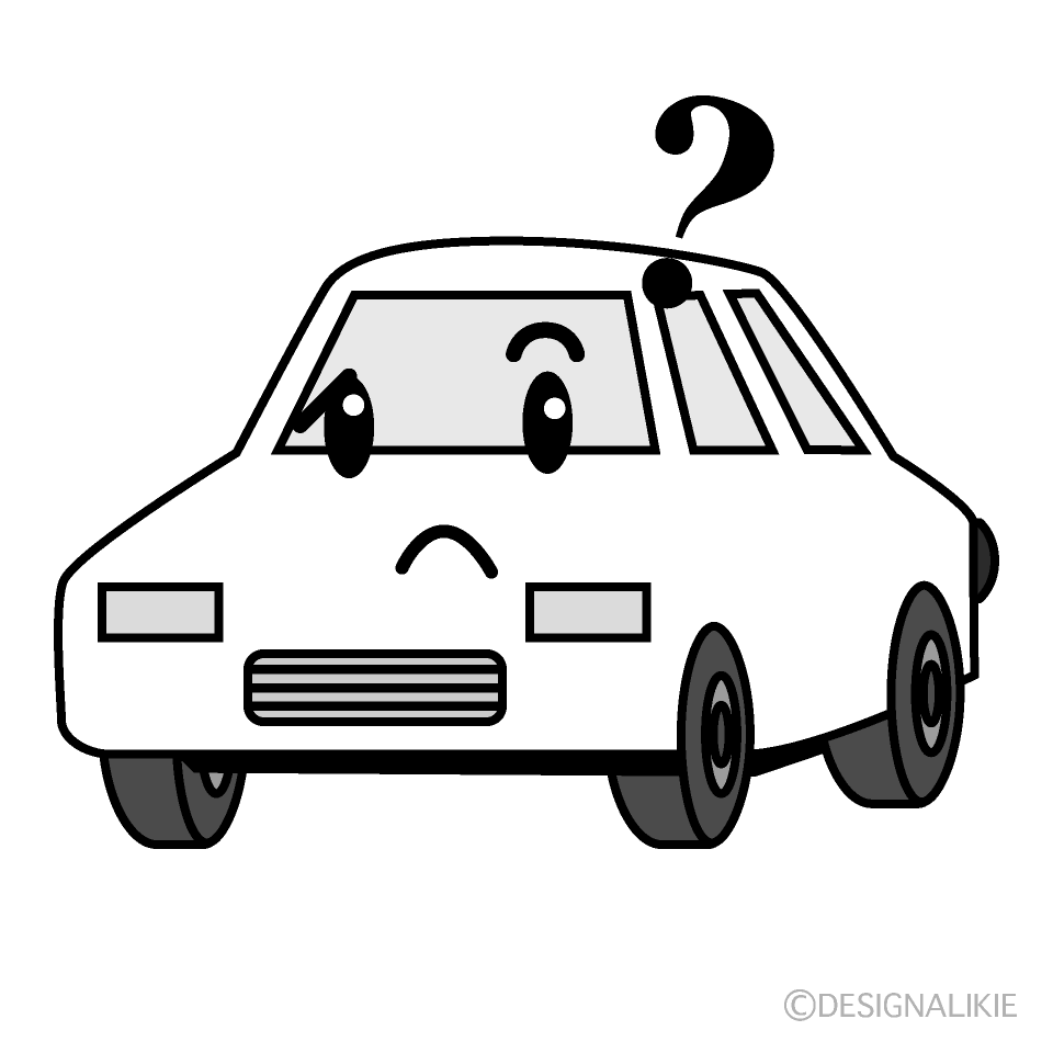 かわいい考える白い車白黒イラスト