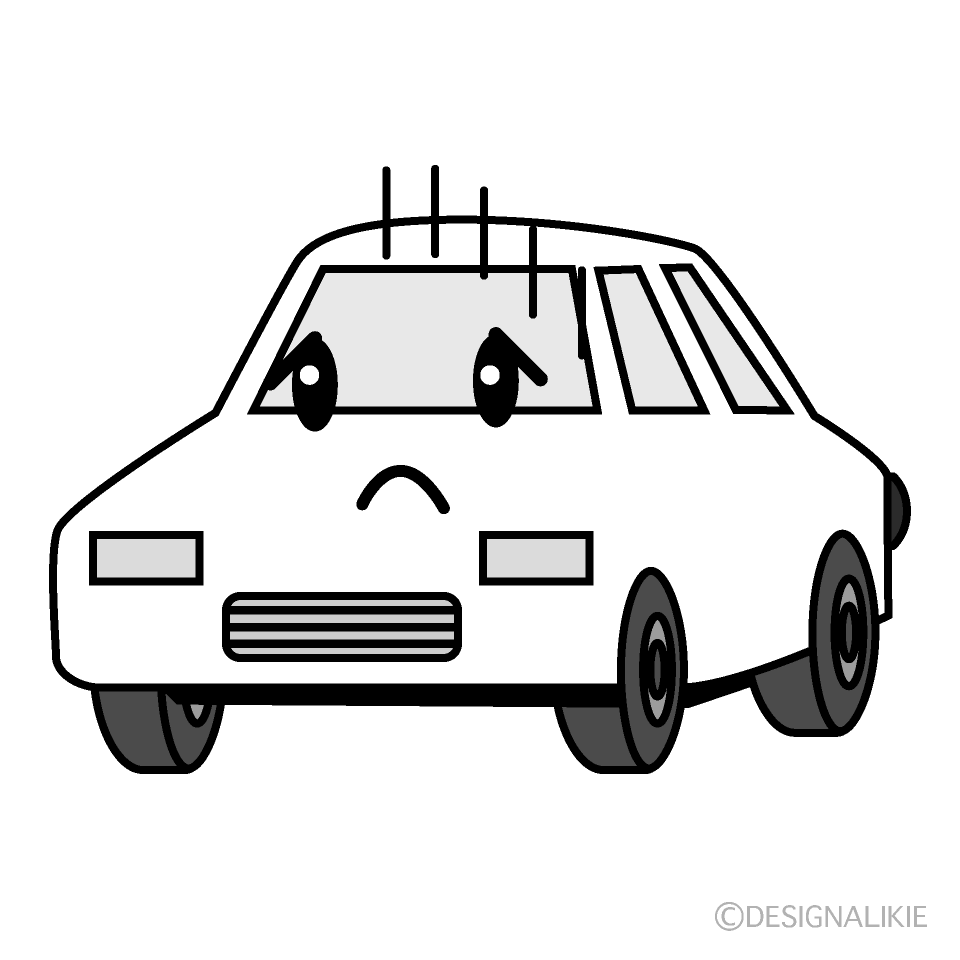 かわいい落ち込む白い車白黒イラスト