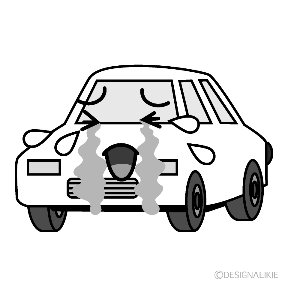 かわいい泣く白い車白黒イラスト