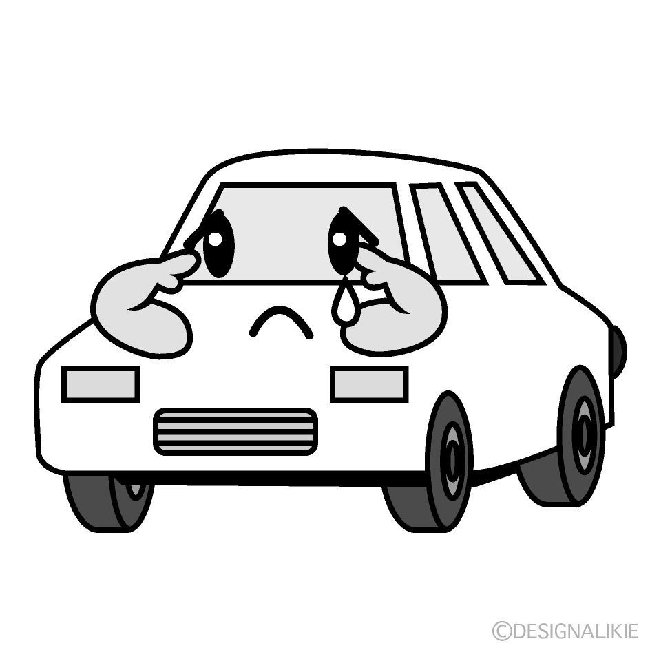 かわいい悲しい白い車白黒イラスト