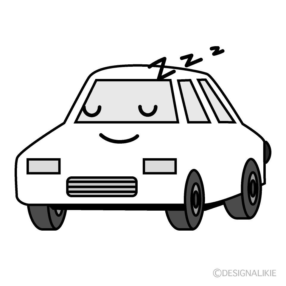 かわいい寝る白い車白黒イラスト