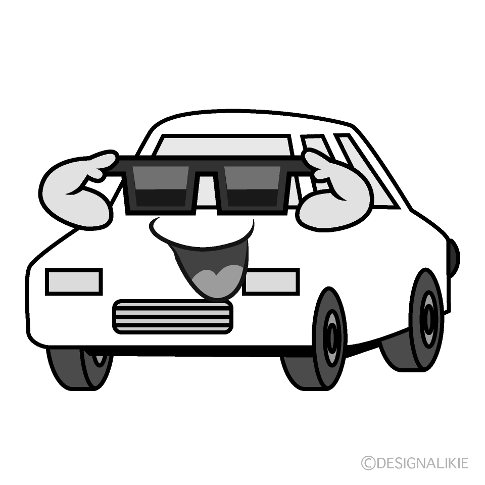 かわいいサングラスの白い車白黒イラスト