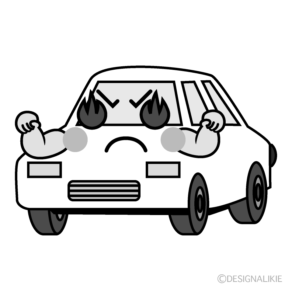 かわいい熱意の白い車白黒イラスト