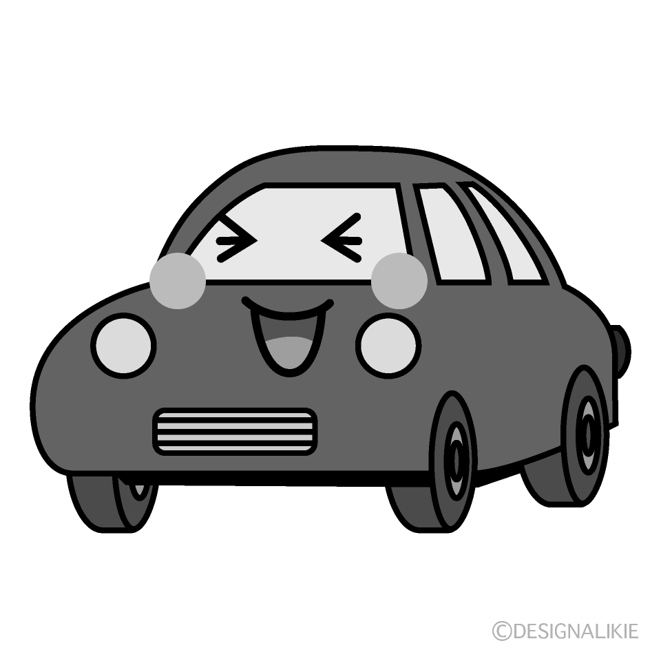 かわいい笑う赤い車白黒イラスト