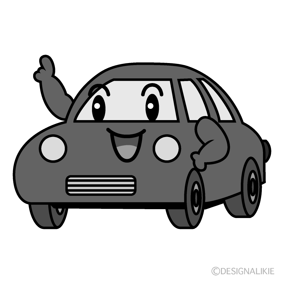 かわいい指差す赤い車白黒イラスト