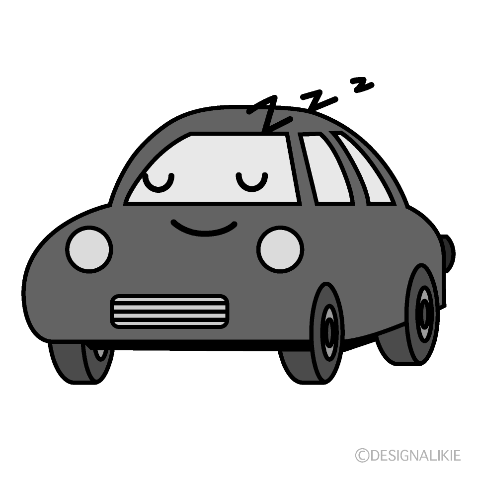 かわいい寝る赤い車白黒イラスト