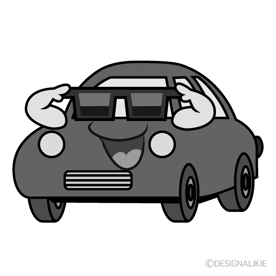 かわいいサングラスの赤い車白黒イラスト