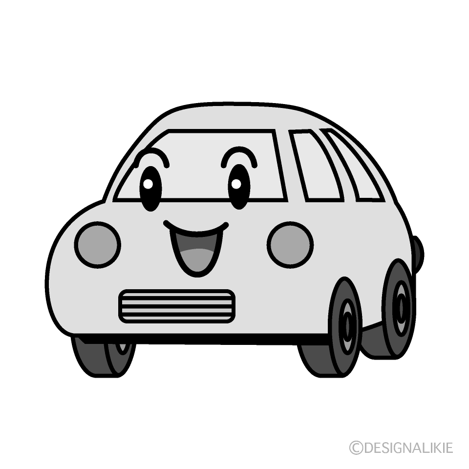 かわいい笑顔の軽自動車白黒イラスト