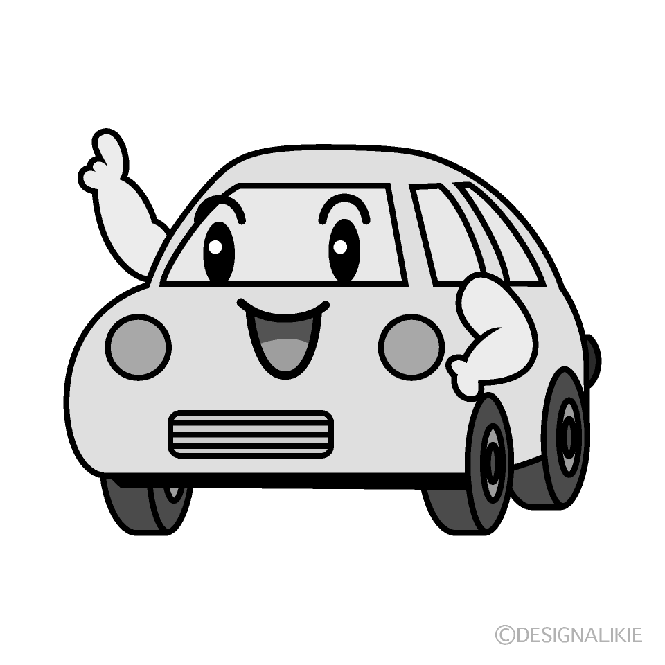 かわいい指差す軽自動車白黒イラスト