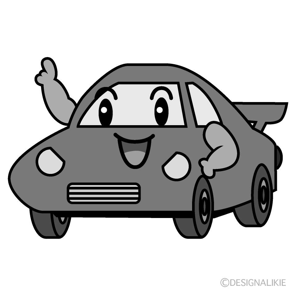 かわいい指差すスポーツカー白黒イラスト