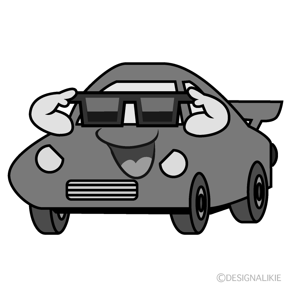 かわいいサングラスのスポーツカー白黒イラスト