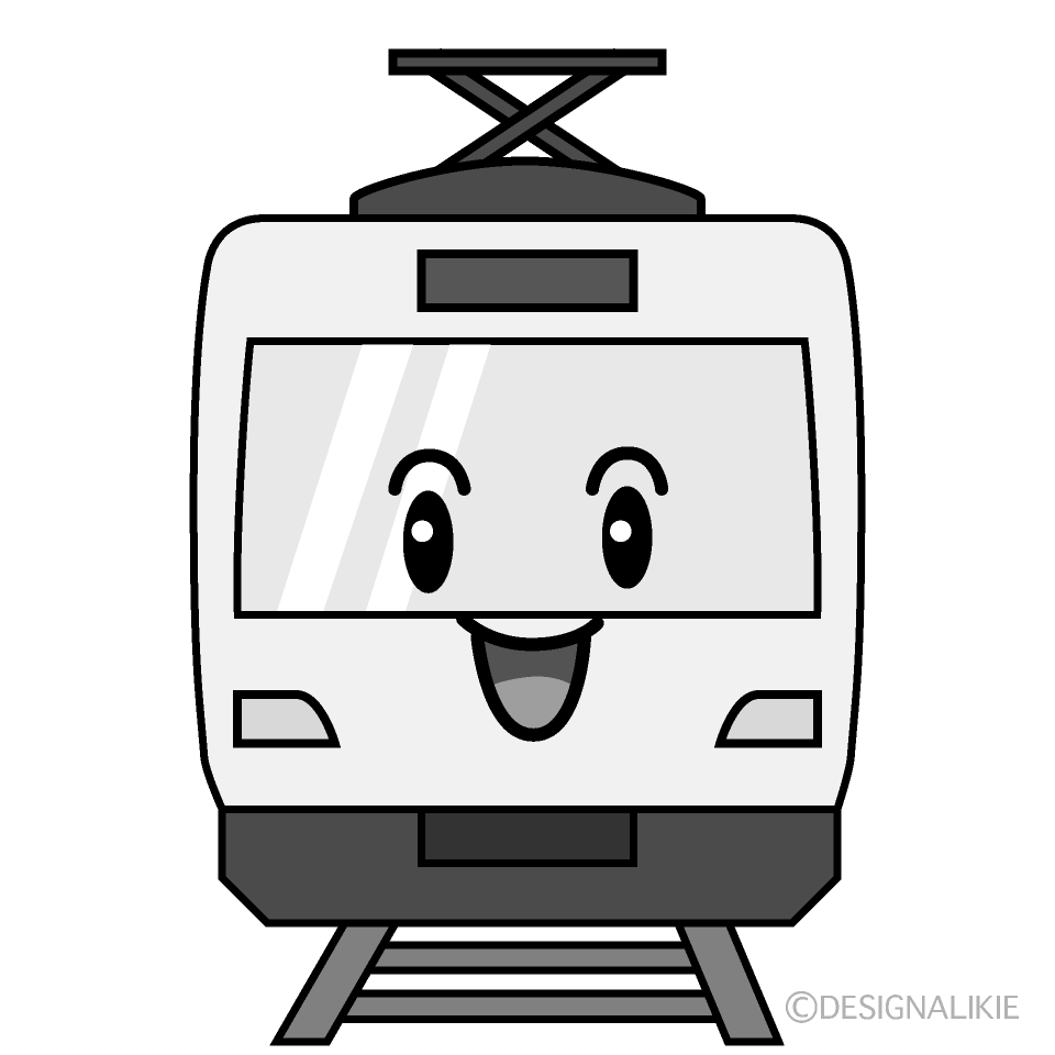 かわいい笑顔の電車白黒イラスト