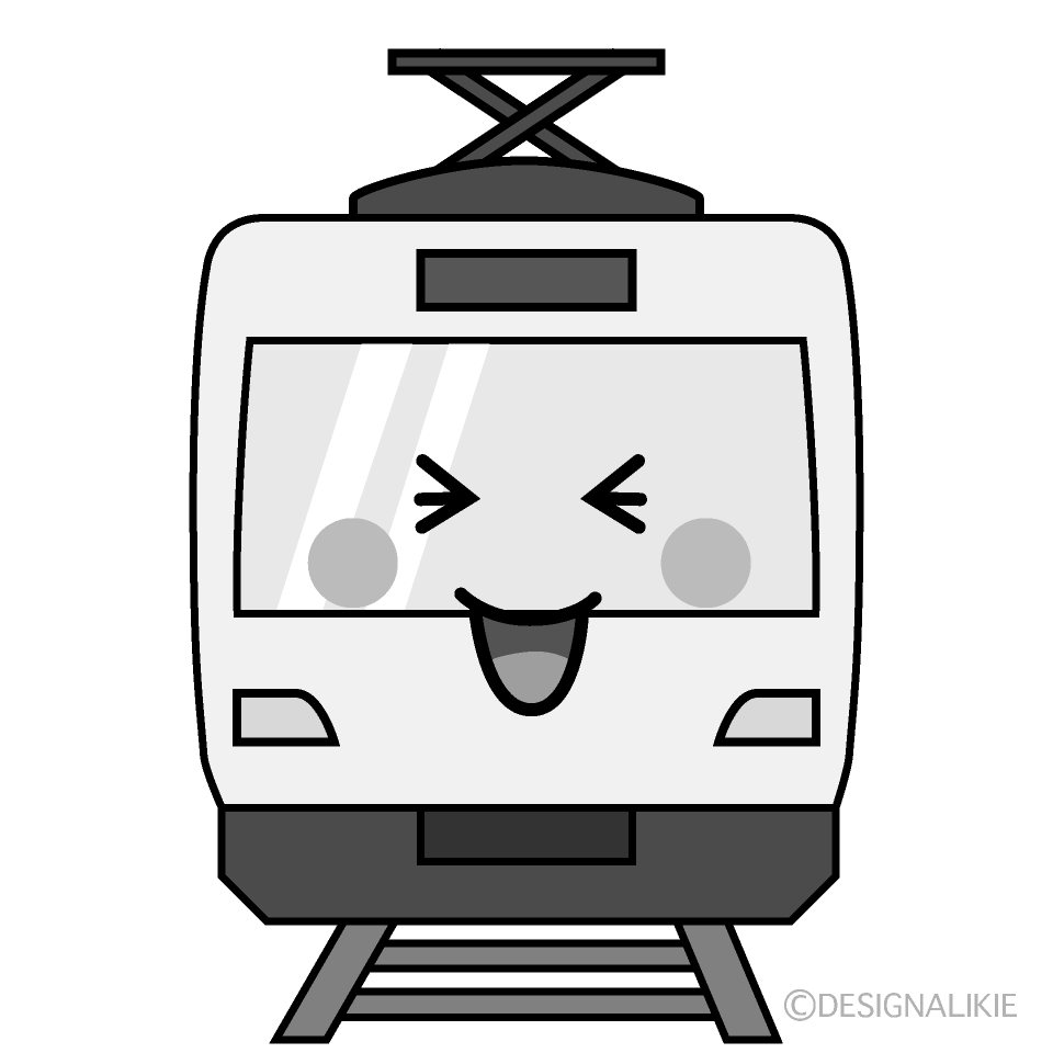 かわいい笑う電車白黒イラスト