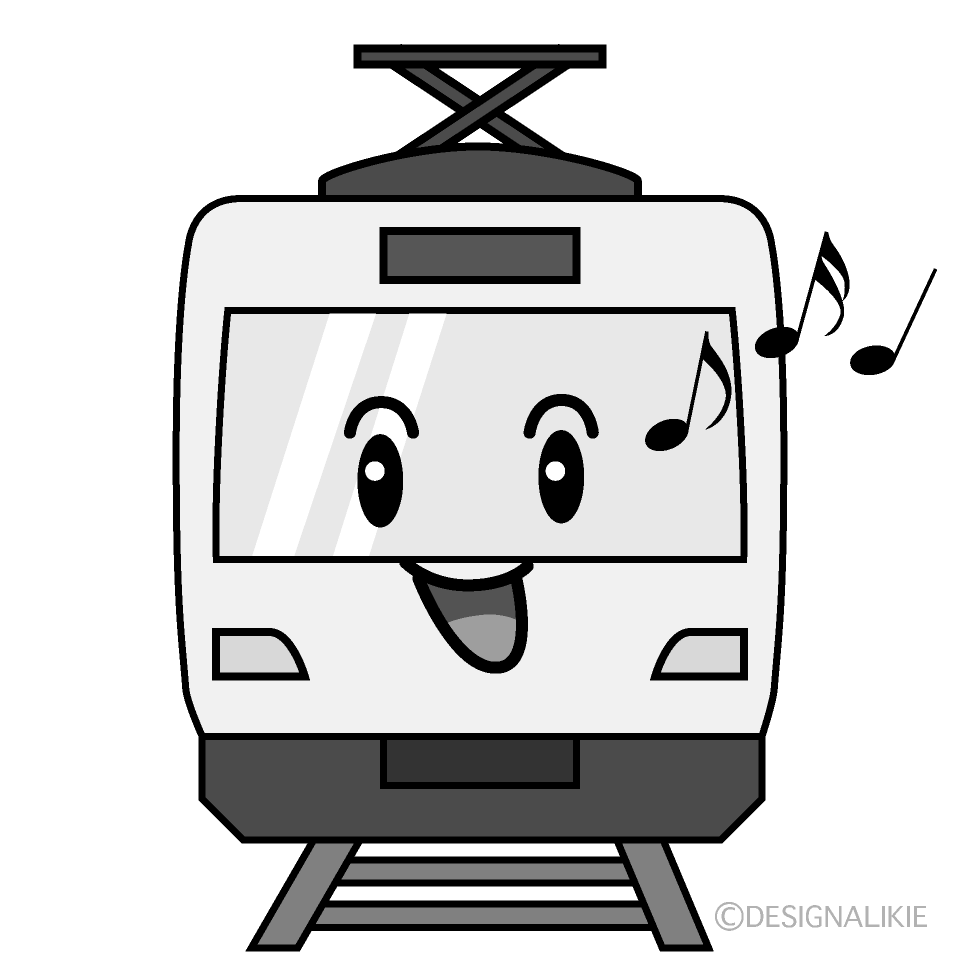 かわいい歌う電車白黒イラスト