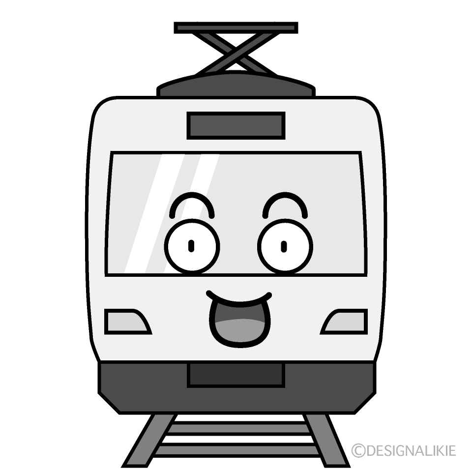 かわいい驚く電車白黒イラスト